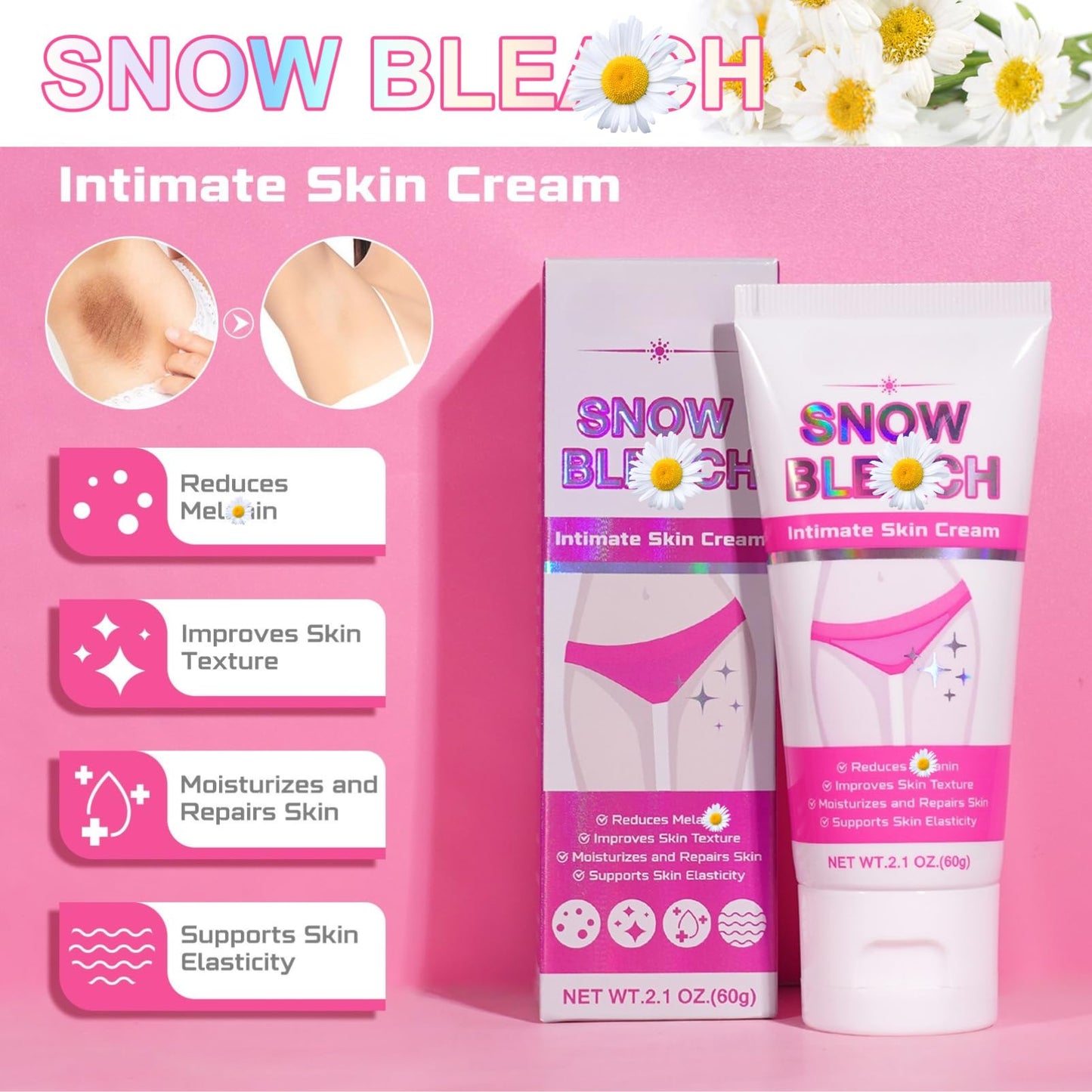 Intim Bleaching Creme - Whitening Cream - Bleichcreme Pigmentflecken Entferner - Aufhellungscreme Für Bikini Skin & Underarm - Snow Wh-i-te Cream mit Vitamin C, Centella Asiatica & Kamille