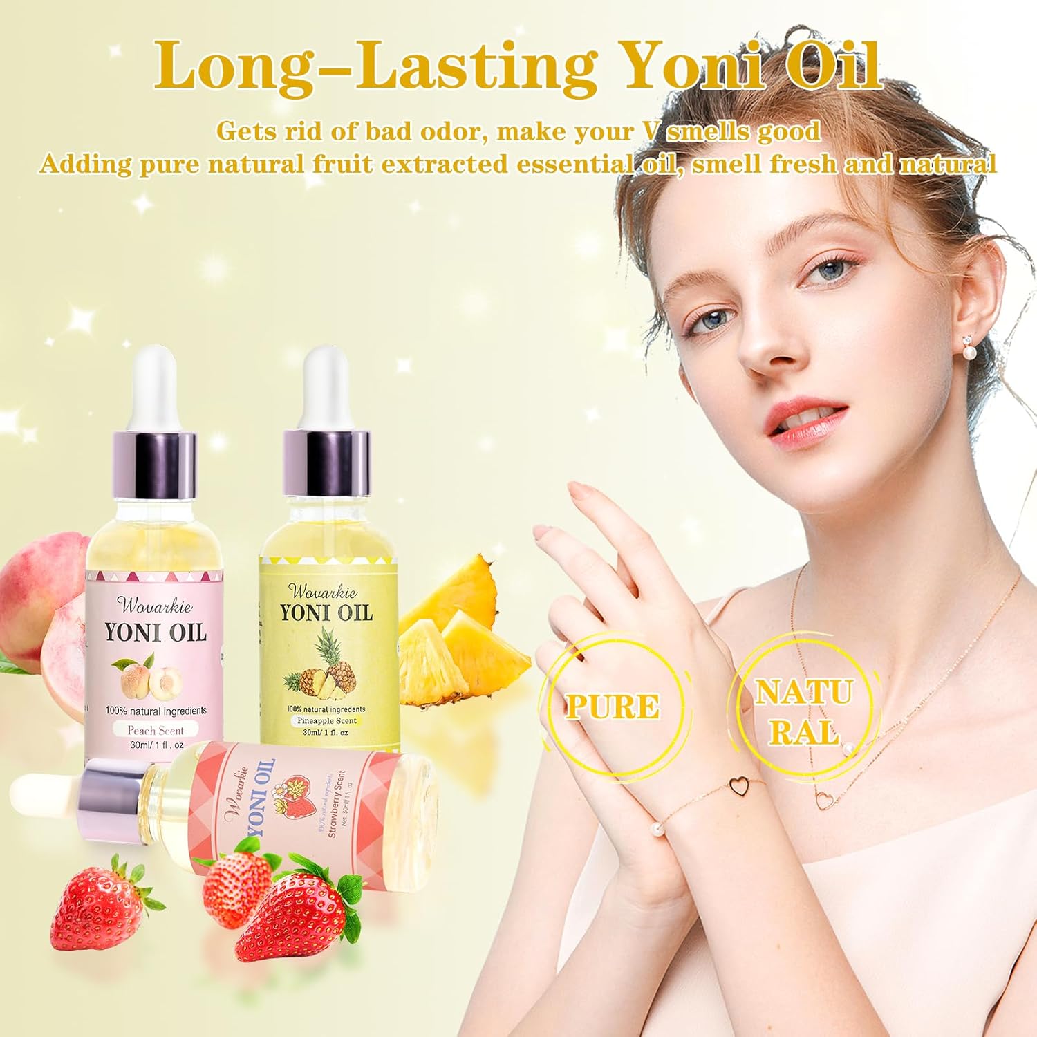 3PCS Yoni Oil for Women pH Balance, Feminine Deodorant Vaginal Moisturizer, Feminine Care All Natural Yoni Oil(Strawberry Peach Pineapple)