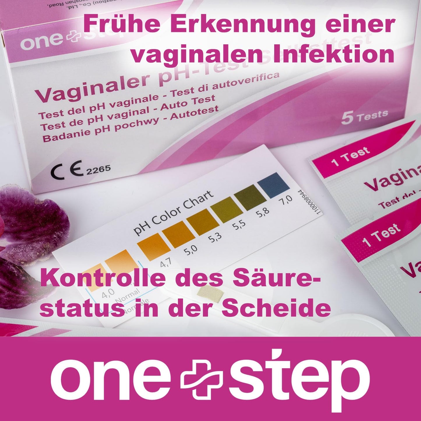 5 x One+Step vaginaler pH-Test I Zur Früherkennung bakterieller Infektionen I Schwangerschaftsvorsorge I Blasensprung I Bakterielle Vaginose I Mit zusätzlicher Farbkarte zum hygienischen Ablesen