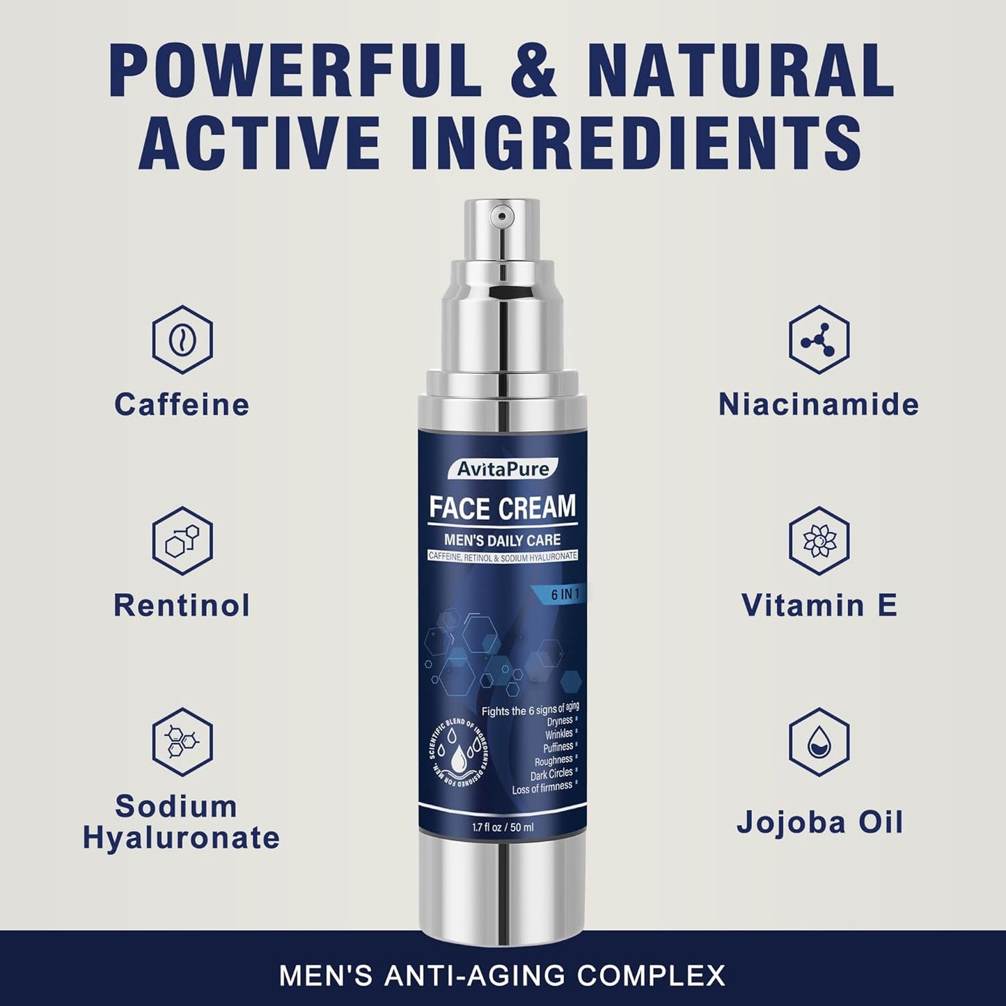 6-in-1 Face Cream for Men – Mens Anti Aging Face Cream w/Caffeine & Retinol to Firm, Hydrate & Refresh Skin, Quick-Absorbing Non-Greasy Formula